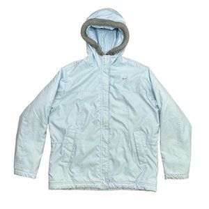 GUC Vintage Y2K Nike Women's Sz L Full‎ Zip Faux Fur Trim Hood Light Blue Jacket